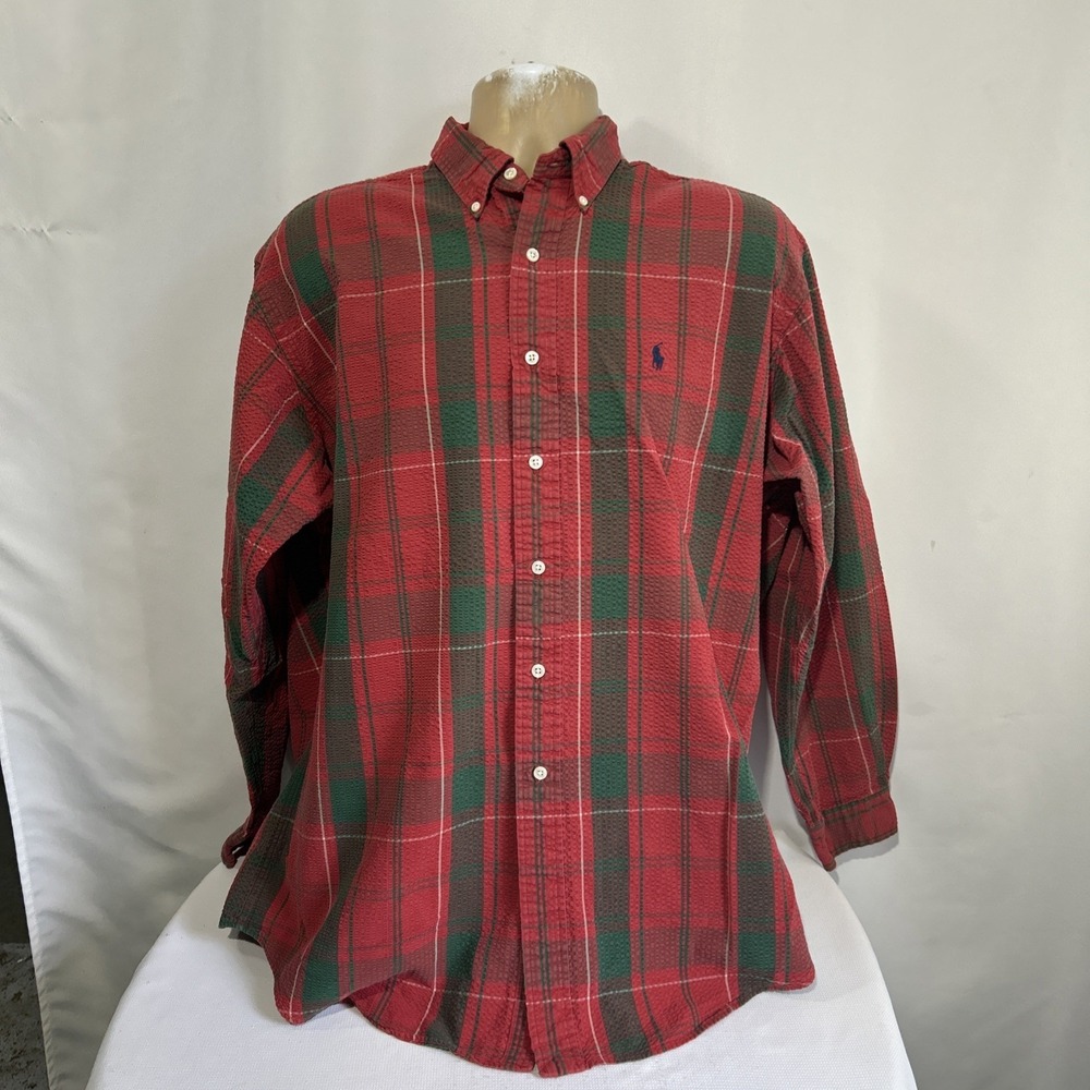 VTG 90's Ralph Lauren Hamilton Mens Size L Plaid Seersucker L/S Button Down